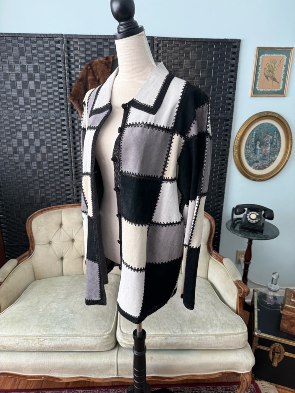 🖤 Vintage Denim & Co Patchwork Leather Jacket Colorblock Crochet Trim XL - Picture 3 of 12